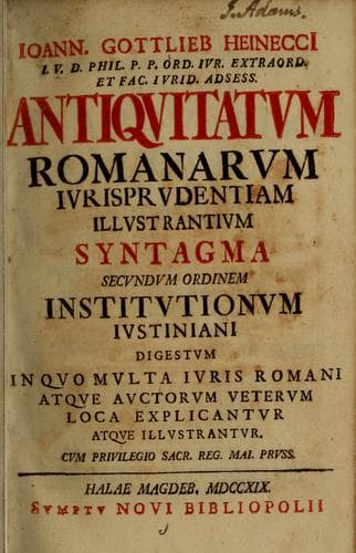 Tapa de Ioann. Gottlieb Heinecci ... Antiquitatum Romanarum jurisprudentiam illustrantium syntagma secundum ordinem Institutionum Iustiniaini digestum