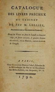 Tapa de Catalogue des livres précieux du cabinet de feu M. Lolliée, procureur de la chambre des comptes