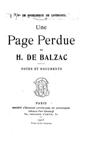 Tapa de Une page perdue de H. de Balzac: Notes et documents