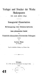 Tapa de Verleger und Drucker der Werke Shakespeares bis zum Jahre 1640