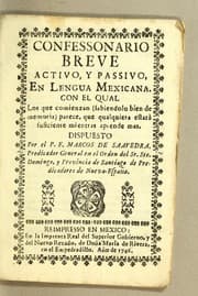 Tapa de Confessonario [sic] breve activo, y passivo, en lengua mexicana