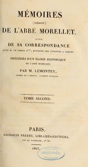Tapa de Mémoires (inédits) de l'abbé Morellet suivis de sa correspondance avec M. le comte R*** ministre des Finances à Naples