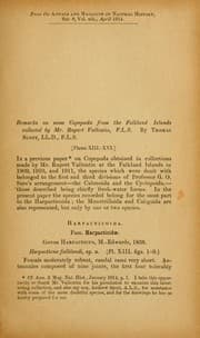Tapa de Remarks on some copepoda from the Falkland Islands collected by Mr. Rupert Valletin