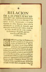 Tapa de Relacion de las preuenciones que el excellentissimo señor marques de Castel-Dos Rius mi señor virrey, governador, y  capitan general de estos reynos, hizo para la defensa del