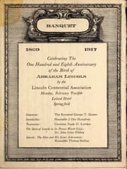 Tapa de The one hundred and eighth anniversary of the birth of Abraham Lincoln will be celebrated by the Lincoln Centennial Association, February twelve, nineteen seventeen at Springfield, Illinois