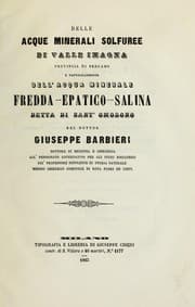 Tapa de Delle acque minerali solfuree di Valle Imagna, provincia di Bergamo, e particolarmente dell'acqua minerale, fredda, epatico, salina, detta di Sant' Omobono