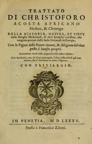 Tapa de Trattato di Christoforo Acosta africano medico & chirurgo della historia, natvra, et virtv delle droghe medicinali, & altri semplici rarissimi, che vengono portati dalle Indie Orientali in Europa