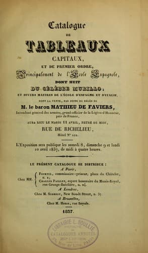 Tapa de Catalogue de tableaux capitaux, et de premier ordre, principalement de l'©♭cole espagnole, dont huit du c©♭l©♭bre Murillo, et divers ma©ʾtres de l'©♭cole d'Espagne et d'Italie