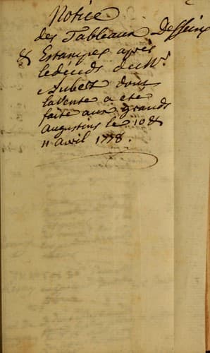 Tapa de Notice de tableaux, desseins & estampes apres le deces de M. Auber dont la vente a ete faire aux Grands Augustins le 10 & 11 Avril 1778