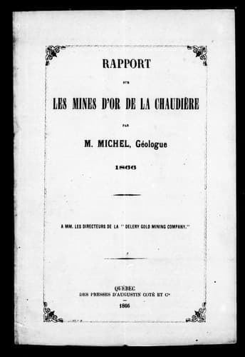 Tapa de Rapport sur les mines d'or de la Chaudière par M. Michel, géologue, 1866