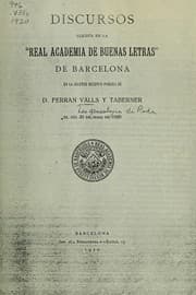 Tapa de Discursos llegits en la "Real Academia de Buenas Letras" de Barcelona en la solemne recepció pública de D. Ferran Valls y Taberner el día 30 de maig de 1920