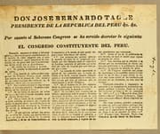 Tapa de Don Jose Bernardo Tagle presidente de la Republica del Peru &c. &c. Por cuanto el Soberano Congreso se ha servido decretar lo siguiente: el Congreso Constituyente del Peru. Deseando mantener el órden y felicidad pública, y advirtiendo que el establecimiento de la moneda de cobre