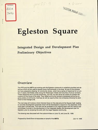 Tapa de Egleston square: integrated design and development plan preliminary objectives