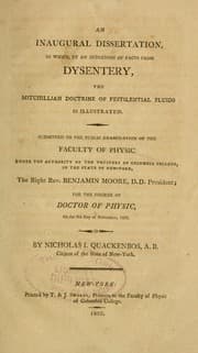 Tapa de An inaugural dissertation, in which, by an induction of facts from dysentery, the Mitchillian doctrine of pestilential fluids is illustrated
