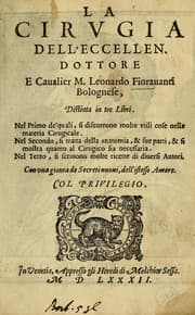 Tapa de La cirugia dell'eccellen. dottore e caualier M. Leonardo Fiorauanti bolognese, distinta in tre libri
