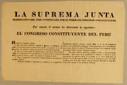 Tapa de La Suprema Junta Gubernativa del Peru comisionada por el Soberano Congreso Constituyente: Por cuanto él mismo ha decretado lo siguiente: el Congreso Constituyente del Peru ha venido en decretar y decreta: 1. Que todo escrito subversivo, sedicioso y contrario a la religion, a la moral y a la decencia publica