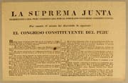 Tapa de La Suprema Junta Gubernativa del Peru comisionada por el Soberano Congreso Constituyente: Por cuanto él mismo ha decretado lo siguiente: el Congreso Constituyente del Peru habiendo sentado las primeras bases sobre que ha de formarse la Constitucion de la Republica