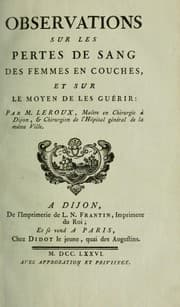 Tapa de Observations sur les pertes de sang des femmes en couches, et sur le moyen de les guérir