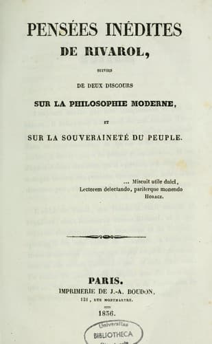 Tapa de Pensées inédites de Rivarol