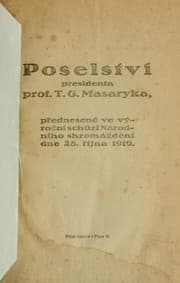 Tapa de Poselství presidenta prof. T.G. Masaryka, přednesené na výroční schůzi Národního shromáždění dne 28. října 1919