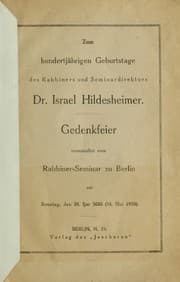 Tapa de Zum hundertjährigen Geburtstage des Rabbiners und Seminardirektors Dr. Israel Hildesheimer