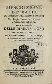 Tapa de Descrizione de' balli da eseguirsi nel dramma di siroe sul regio teatro di Torino il carnovale de 1780, alla presenza delle maesta' Loro