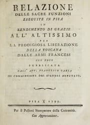 Tapa de Relazione delle sacre funzioni eseguite in Pisa in rendimento di grazie all' Altissimo per la prodigiosa liberazione della Toscana dalle armi francesi