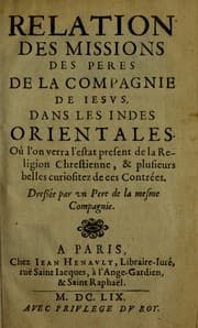 Tapa de Relation des missions des peres de la Compagnie de Iesus, dans les Indes Orientales