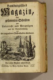 Tapa de Hamburgisches Magazin, oder Gesammlete Schriften zum Unterricht und Vergnügen aus der Naturforschung und den angenehmen Wissenschaften überhaupt. Des ersten Bandes erstes Stück [-Des 26sten Bandes sechstes Stück]