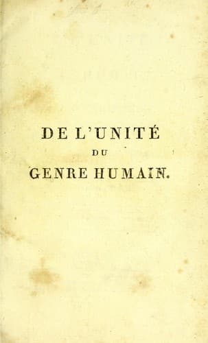 Tapa de De l'unite du genre humain, et de ses varietes, ouvrage precede d'une lettre a Joseph Banks, baronet, et president de la Societe royale de Londres