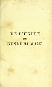 Tapa de De l'unite du genre humain, et de ses varietes, ouvrage precede d'une lettre a Joseph Banks, baronet, et president de la Societe royale de Londres