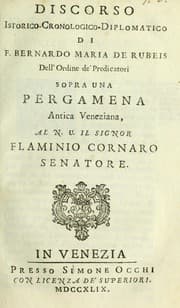 Tapa de Discorso istorico-cronologico-diplomatico di F. Bernardo Maria de Rubeis dell'Ordine de' predicatori sopra una pergamena antica Veneziana
