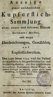 Tapa de Anzeige einer ansehnlichen Kupferstich-Sammlung: alter, neuer und seltener Blätter berühmter Meister, nebst einigen Handzeichnungen, Gemählden, und Kupferstichwerken
