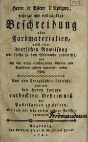 Tapa de Richtige und vollst©Þndige Beschreibung aller Farbmaterialien, nebsteiner deutlichen Anweisung wie solche zu dem Gebrauche zubereitet, und ... angewendet werden sollen
