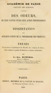 Tapa de Des odeurs, de leur nature et de leur action physiologique. Dissertation sur quelques points de la physiologie des v©♭g©♭taux ...