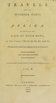 Tapa de Travels into the interior parts of Africa, by the way of the Cape of Good Hope; in the years 1780, 8l, 82, 83, 84, and 85
