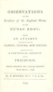 Tapa de Observations on the structure of the intestinal worms of the human body ... Wherein is given a particular account of the Trichuris. Which obtained the Medical Society's Prize-Medal, 1798