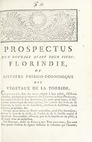 Tapa de Prospectus d'un ouvrage ayant pour titre: Florindie, ou histoire phisico-©♭conomique des v©♭g©♭taux de la torride