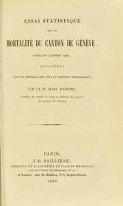 Tapa de Essai statistique sur la mortalite du Canton de Geneve, pendant l'anne 1838, consideree tant en general que sous le rapport nosologique