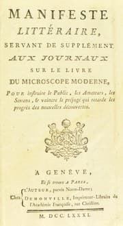 Tapa de Manifeste litt©♭raire, servant de suppl©♭ment aux journaux sur le livre du microscope moderne, pour ... vaincre le pr©♭jug©♭ qui retarde les progr©·s des nouvelles d©♭couvertes
