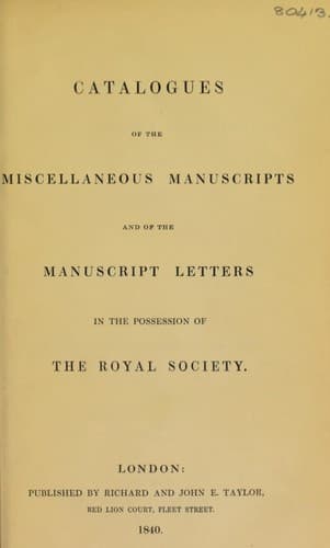 Tapa de Catalogues of the miscellaneous manuscripts and of the manuscript letters in the possession of the Royal Society