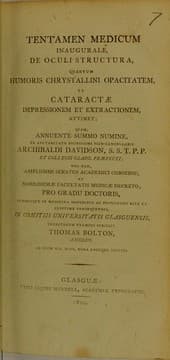 Tapa de Tentamen medicum inaugurale, de oculi structura, quantum humoris chrystallini opacitatem, et cataractae depressionem et extractionem, attinet