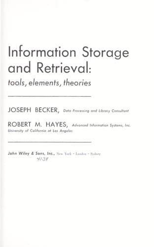 Tapa de Information storage and retrieval: tools, elements, theories