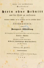 Tapa de Ueber die verschiedenen Methoden den Stein ohne Schnitt aus der Blase zu entfernen mit besonderer R©ơcksicht auf die Geschichte und den praktischen Werth der Lithotritie. Inaugural-Abhandlung