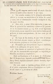 Tapa de El gobernador del estado de Jalisco a todos sus habitantes: sabed que el Congreso del mismo estado ha decretado lo siguiente ...