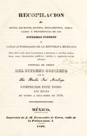 Tapa de Recopilaci©đn de leyes, decretos, bandos, reglamentos, circulares y providencias de los supremos poderes y otras autoridades de la Rep©ðblica Mexicana ...