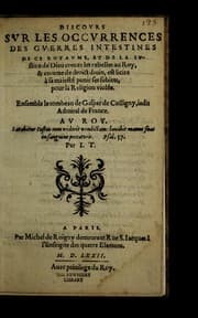 Tapa de Discovrs svr les occvrrences des gverres intestines de ce Royavme, et de la ivstice de Dieu contre les rebelles au Roy, & comme de droict diuin, est licite a   sa maieste  punir ses subiets, pour la religion viole e.