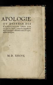 Tapa de Apologie ov defence des Catholiques vnis les vns auec les autres, contres les impostures des Catholiques associez a   ceux de la pretendue  religion