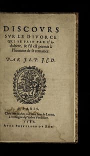 Tapa de Discours sur le divorce qui se fait par l'adultere, & s'il est permis a   l'homme de se remarier