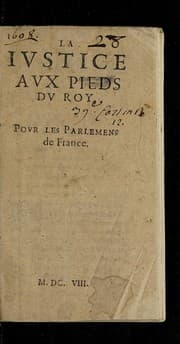 Tapa de La iustice aux pieds du roy, pour les Parlemens de France